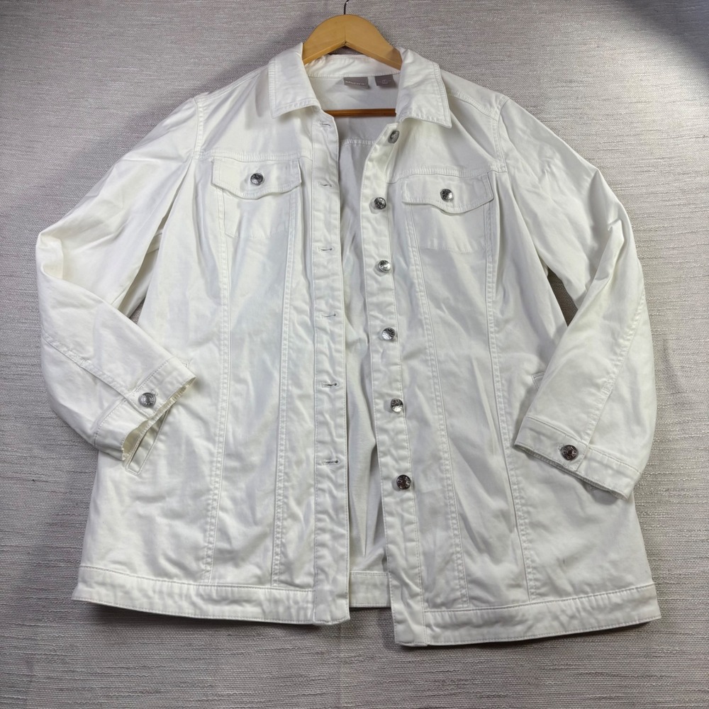 Chicos White Denim Jacket Petite Size 2P (12/14P) Cotton Blend Button Front